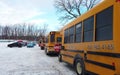 Laval, Quebec, CANADA Ã¢â¬â February 14, 2019: Laval School Bus`s parked up during the snow in the school or kinder garden parking.